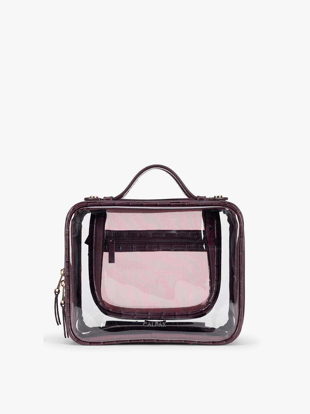 Medium Clear Cosmetics Case in Croc-Embossed in Dark Cherry Croc